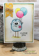 Card with a blue crazy bird and balloons, 'i LOVE you.'
