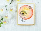 Card with an orange crazy bird in a watercolor circle, 'you are one crazy bird.'
