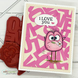 Pink maze-print card with a crazy bird, 'i LOVE you.'