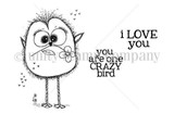 Black-and-white One Crazy Bird stamp set by Angie Blom: a wild-feathered bird with 'i LOVE you' and 'you are one CRAZY bird.'