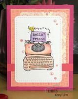 Pink card with the typewriter colored coral, 'hello friend'