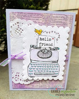 White scalloped card with the aqua typewriter on a doily, 'hello friend'
