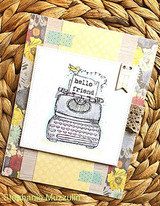 Card with the typewriter on a patchwork background, 'hello friend'
