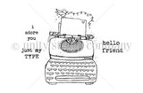 Red rubber vintage typewriter with a little bird, and sentiments 'hello friend', 'just my type' and 'i adore you'