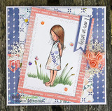 Patterned sympathy card of the girl with 'thinking of you' and floral accents.