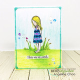 Handmade card of the little girl in a floral dress on a green meadow with 'There are no words...'