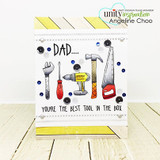 Father's Day card — a lineup of red-rubber tools (wrench, screwdriver, drill, hammer, saw) in bright colors on a yellow-stripe panel, with 'DAD.... You're the best tool in the box.'