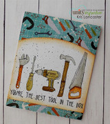 Masculine card — hammer, drill and wrench on a patterned panel over 'You're the best tool in the box.'