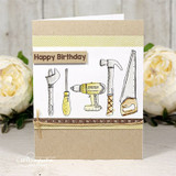 Kraft birthday card — hammer, drill, wrench and saw lined up above 'Happy Birthday.'