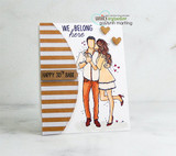 Handmade card featuring the tender AngieGirl couple embracing, with a striped side accent, stamped with 'Capture the moment'.