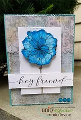 A blue poppy popped up on a soft grey layered card, reading 'hey friend.'