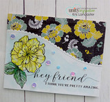 Yellow poppies with leaves on a floral card, reading 'hey friend' and 'I think you're pretty amazing.'