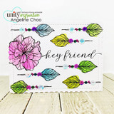 Pink poppies and leaves strung across a white card, captioned 'hey friend.'