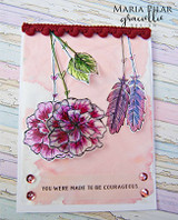 Pink poppies and a hanging feather on a soft pink card, reading 'You were made to be courageous.'