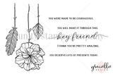 A set of hanging feathers and poppy flowers on strings, with encouraging sentiments including 'hey friend', 'You were made to be courageous' and 'I think you're pretty amazing.'