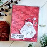 Red-embossed card with the Santa outline and a knit hat accent.