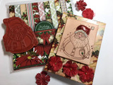 Kraft card with a soft Santa image among red flowers and a knit hat.