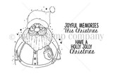 Line-art stamp of a round jolly Santa with 'Have a holly jolly Christmas' and 'Joyful memories this Christmas' – Jolly Ol' Santa by Angie Blom.