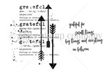 Stamp sheet for Grateful for All: a background of the word grateful with its dictionary definition repeated behind two long arrows, plus the sentiment 'grateful for small things, big things and everything in between'.