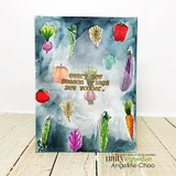 Card with watercolored vegetables (red pepper, carrot, radish, pea pod, eggplant and lettuce) scattered around a dark blue-grey inky background with a small gold sentiment in the center