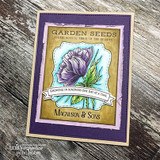 Purple card with a violet bloom in the Garden Seeds packet frame on a gold panel with the growing in kindness one day at a time banner.