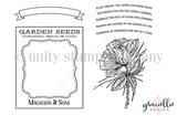 Line-art stamp sheet with a Garden Seeds packet frame, a blank banner, a large open bloom, and five garden sentiments about planting dreams and growing happy.