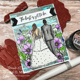 Card with the couple among purple and pink florals on a distressed teal panel, 'The best is yet to be.'