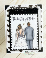 Black-framed card with the bride and groom, 'The best is yet to be.'