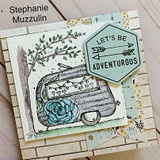 Card of the black-and-white camper under a leafy branch with a 'LET'S BE ADVENTUROUS' hexagon tag.
