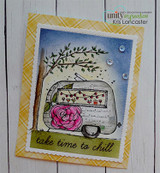 Card with the camper and its rose colored in pinks over a blue-sponged sky on yellow gingham, stamped 'take time to chill.'