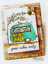 Card featuring the vintage trailer in teal and yellow on warm wood-tone paper, stamped 'good vibes only.'