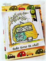 Card with the string-lit trailer on paper printed with rows of tiny cars, stamped 'take time to chill.'