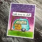 Card with the string-lit camper on green grass under a purple starry sky, stamped 'take time to chill.'
