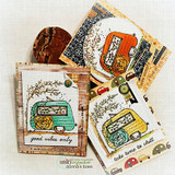 Card collage of several small camper images on mixed patterned papers with 'good vibes only' and 'take time to chill.'