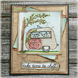 Layered kraft card of the vintage camper under a leafy branch, stamped 'take time to chill.'