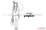 A red rubber stamp set of a fashionable AngieGirl with the sentiment 'Live in the sunshine.'