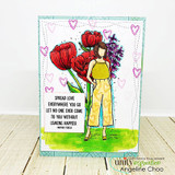 Handmade card made with Unity Stamp Co’s Tulia Girl red rubber stamp set — a sketched girl in overalls standing beside oversized tulips — stamped and colored, with the sentiment “Spread love everywhere you go, let no one ever come to you without leaving happier”.