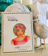 Card featuring the Angie Girl stamp: a watercolored girl in a coral top wearing a flower crown, framed in green with the sentiment 'thank you for your kindness'.