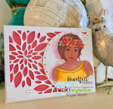 Card using the Angie Girl stamp: the flower-crown girl in a yellow top layered over a die-cut red dahlia with a 'Heartfelt thanks' tag.