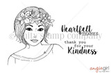 The Angie Girl red rubber stamp set: line-art of a girl with a floral crown beside the 'Heartfelt thanks, thank you for your kindness' sentiment.