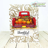 Card with the red truck of pumpkins framed by a gold botanical border, 'thankful for you.'