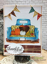Card with the pumpkin truck colored in blue and orange under a pennant banner, 'thankful for you.'