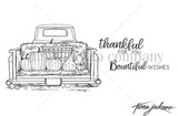 Line-art stamp of the back of a pickup truck filled with pumpkins and fall foliage, 'thankful for you,' 'Bountiful wishes.'