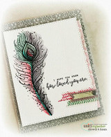 White card with a pink-tinted peacock feather on grey damask paper, washi tape and the sentiment 'I hope you know how loved you are'