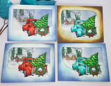 Four watercolor cards of red and teal trucks with trees in snowy scenes.