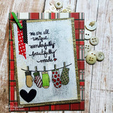 Plaid card with scarves on a line and stamped mittens, 'we are all unique... wonderfully beautifully made'
