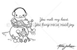 Stamp sheet: a round snowman in fluffy earmuffs and a scarf holding a little snow buddy in a pom-pom hat, with a small snowman in a striped hat and snowballs at his feet, plus 'You melt my heart.' and 'You bring me so much joy.'