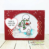 Red card with a white star-speckled shaker circle, the snowman and bunny coloured in green and red, plus a heart sentiment from a coordinating set.
