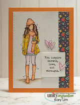 Emerson Girl mixed-media card, the AngieGirl figure colored over a bright watercolor and stenciled background.