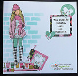 Emerson Girl mixed-media card, the AngieGirl figure colored over a bright watercolor and stenciled background.